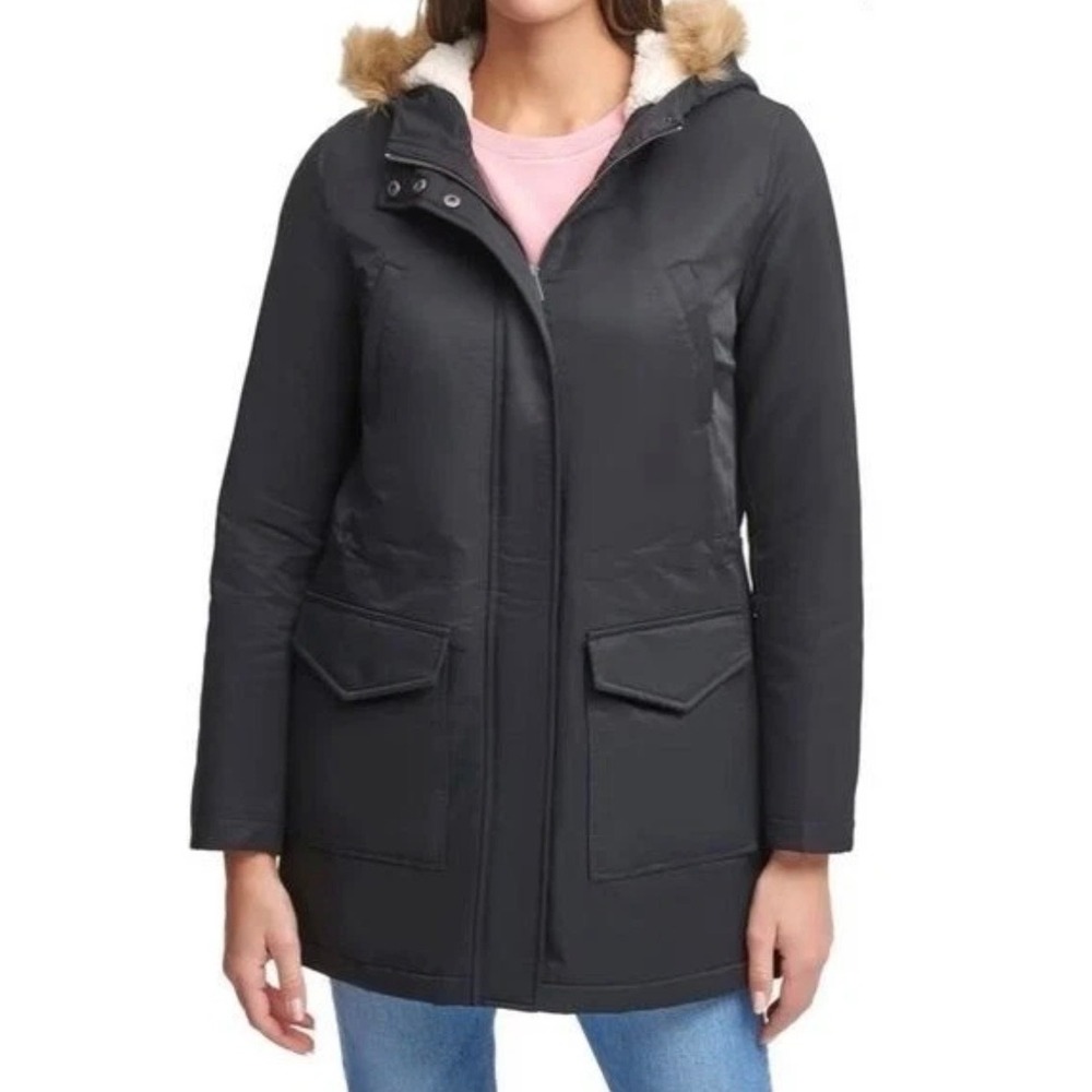 Levis Black Sherpa Lined Parka Jacket Faux Fur Hood Utility Coat Womens Small